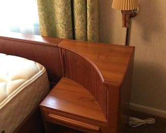 Vintage Mid-Century Modern Bernhard Pederson & Sons (BPS) headboard, platform bed with attaching tambour night stands.