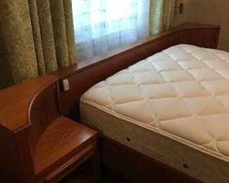 Vintage Mid-Century Modern Bernhard Pederson & Sons (BPS) headboard, platform bed with attaching tambour night stands.