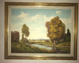 $300
Mid century landscape, oil on canvas, signed (illegible).