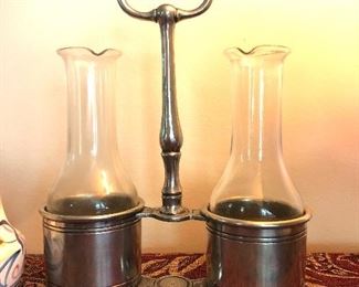 Europe Pewter Oil and Vinegar holder with glass Cruets