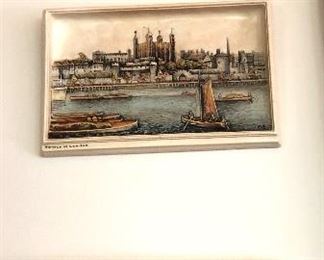 Vintage English 3D wall plaque Street and river scenes