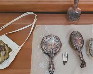 Vintage German Silver Art Nouveau Vanity set  ~ Signed Artist Designed handbag with Amethyst crystal