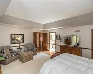 Two matching toile and check black and white chairs and toile ottoman