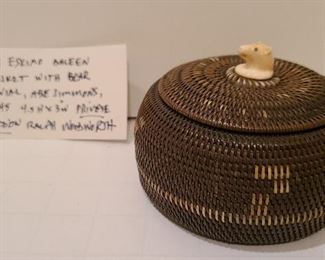 Lot 11 Alaska Baleen Basket with bear finial Abe Simmons  Barrow Alaska 1945 4.5" x 3" 