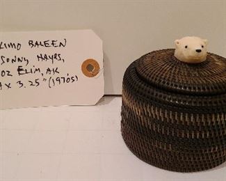 Lot 12 view 1 Eskimo Baleen Basket Polar Bear Finial Sonny Hayes signed 102 Elim AK 2.75 x 3.25 1970s