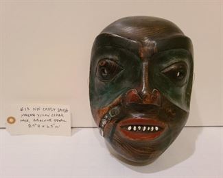 Lot 13 NW Coast Salish Makah Yellow Cedar Mask abalone detail 8'5 x 6.5"