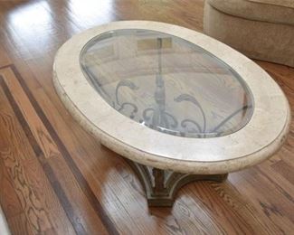 10. Oval Marble, Glass and Wrought Iron Coffee Table