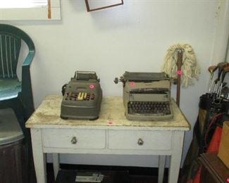 Primitive table and vintage typewriter and adding machine