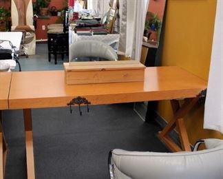 Solid Wood Trestle Style Salon Station Table With 32 Outlets, Measures 30.5" x 64" x 30"