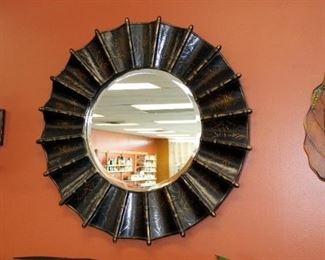 Beveled Glass Mirror With Bamboo Design, 34" Round, And Metal Leaf Wall Sconces, Qty 2, 16" Tall