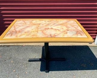 dining room tables 
Wood trim, faux marble inlay
Metal cross bases
46x28x30