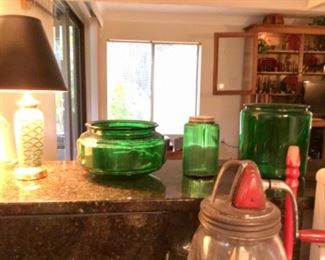 Green glass, various old kitchen implements and gadgets 
