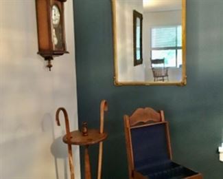 Gold leaf mirror, old chair with silverware case On seat, Canes, antique wind up 31 day pendulum clock 
