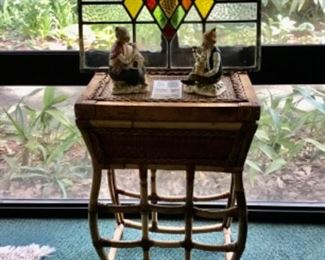 Rattan stand, stained glass, old figurines 