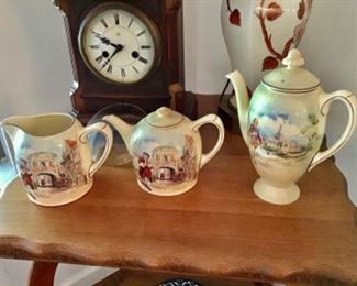 Royal Doulton old England coffee, sugar & creamer, antique clock 