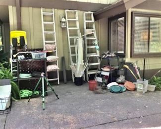 Ladders, pots, sprinkler on stand