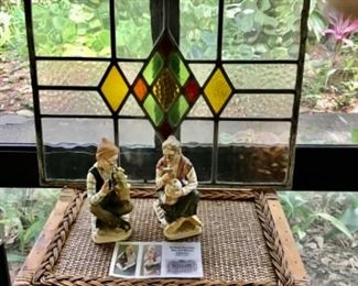 Stained glass window pane, vintage figurines 