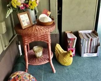Wicker stand, vintage sewn mouse & chicken,Florida gardening& southern living 