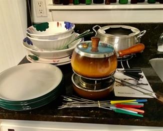 Vintage Fondue pots, nice dishes