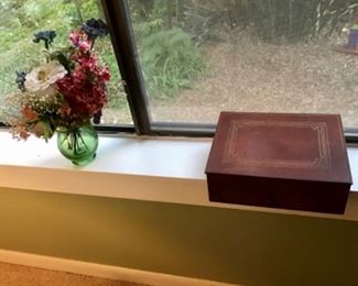 Stationary dresser box, pretty flowers in vintage green vase 