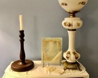 Antique gone with the wind lamp, vintage wood candle holder