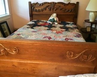 Gorgeous antique double bed, quilts