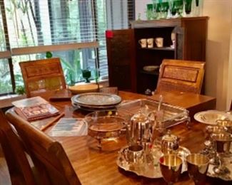 Dining table with silver, silverplate, collectibles  