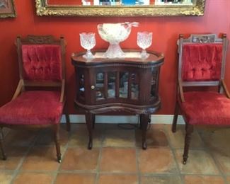Vitrine, matching Antique red velvet chairs 