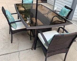 $295 Patio Dining Set, 4 Chairs, Umbrella and Stand