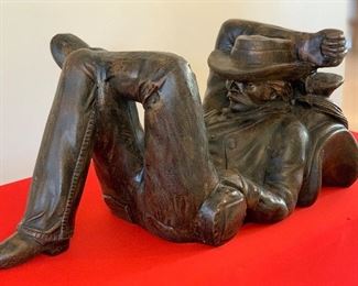 Resting Cowboy Statue Metal Faux Bronze Finish 17x17x36in HxWxD