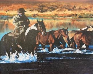 Paul Van Ginkel Giclee On Canvas Print Cowboy Water Crossing 38x68x2.35in HxWxD