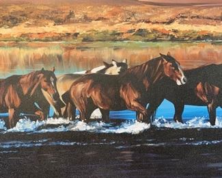 Paul Van Ginkel Giclee On Canvas Print Cowboy Water Crossing 38x68x2.35in HxWxD