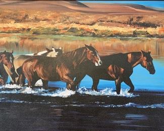 Paul Van Ginkel Giclee On Canvas Print Cowboy Water Crossing 38x68x2.35in HxWxD