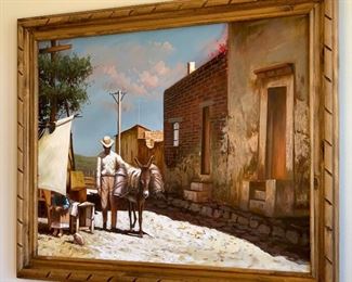 *Original* Unsigned Rudy w/ Donkey in Mexican Villa Painting Art 47x59x3in HxWxD