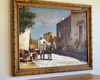 *Original* Unsigned Rudy w/ Donkey in Mexican Villa Painting Art 47x59x3in HxWxD