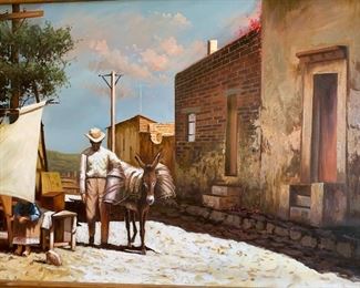 *Original* Unsigned Rudy w/ Donkey in Mexican Villa Painting Art 47x59x3in HxWxD