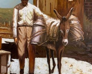 *Original* Unsigned Rudy w/ Donkey in Mexican Villa Painting Art 47x59x3in HxWxD