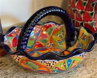 Mexican Pottery lg TALAVERA Ceramic Basket Southwest