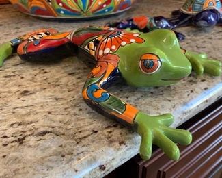 3pc Mexican Pottery TALAVERA 2 frogs & turtle Largest 11in long