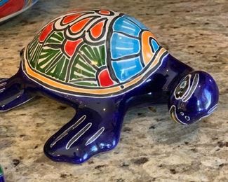 3pc Mexican Pottery TALAVERA 2 frogs & turtle Largest 11in long
