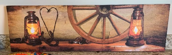 Rustic Wheel/Lanterns Decor Picture/Print 12x40x1in HxWxD