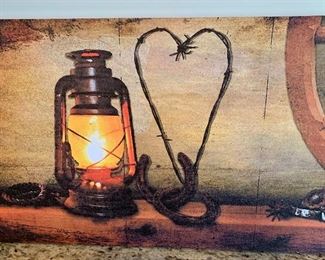 Rustic Wheel/Lanterns Decor Picture/Print 12x40x1in HxWxD