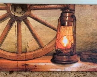 Rustic Wheel/Lanterns Decor Picture/Print 12x40x1in HxWxD
