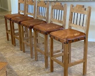 Set of 5 Mexican Rustic Counter Height Chairs Bar Stools 47x20x20in seat: 30.5in HxWxD
