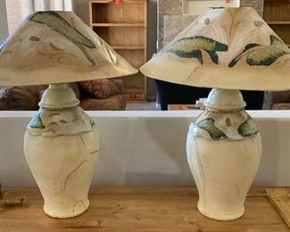 2pc Hand Painted Leaf Lamps PAIR 26in H x 21in Diameter