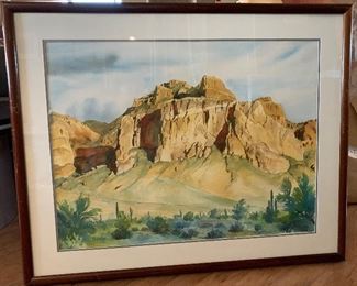 *Original* Signed G Davis Watercolor Superstition Mountains South West Landscape Painting 29.5x36.5x1.25in HxWxD