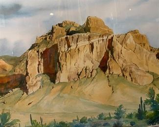 *Original* Signed G Davis Watercolor Superstition Mountains South West Landscape Painting 29.5x36.5x1.25in HxWxD
