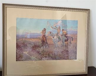 CM Russell Sun Worshippers Native American on Horseback Print Framed 18x22x.75in HxWxD