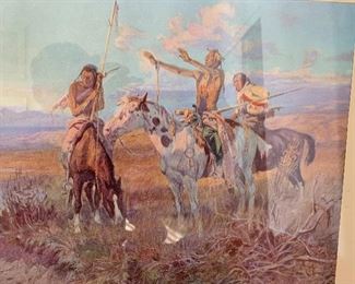 CM Russell Sun Worshippers Native American on Horseback Print Framed 18x22x.75in HxWxD