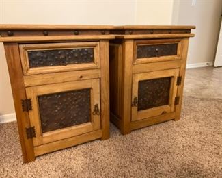 Rustic Mexico wood w/metal inserts nightstands pair 22x21x28 x2 HxWxD